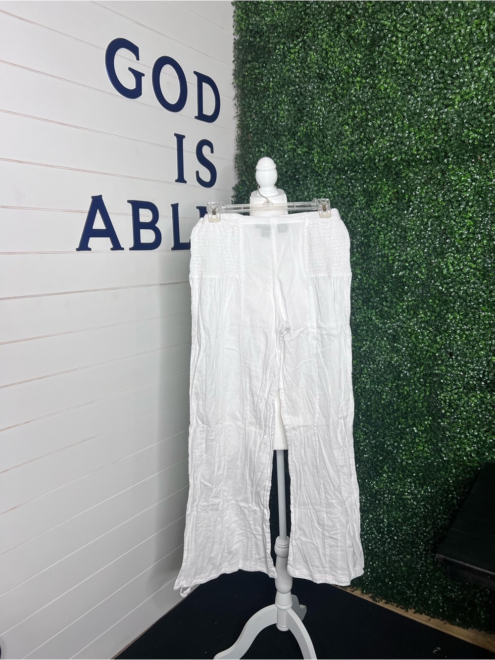 Kaktus White Smocked-Waist Linen-Blend Swim Coverup Pants